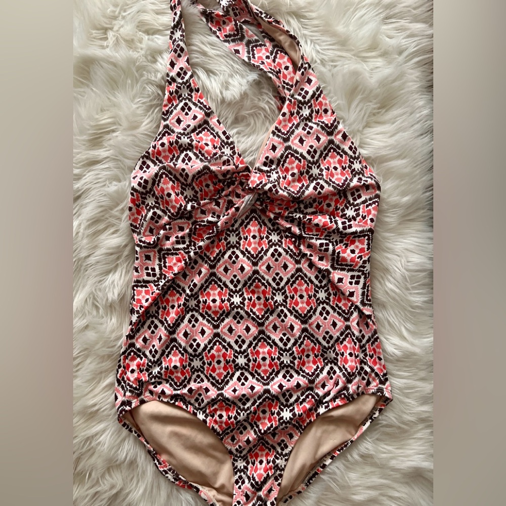 Merona Woman’s Orange, Brown Geometric One Piece Halter Swim Suit. Size Large.